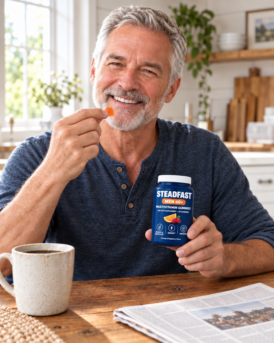 Man in his sixties at a kitchen table with a Steadfast Men 60+ bottle and a cup of coffee